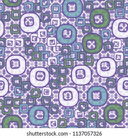 A seamless pattern consisting of smoothed squares with a hole that is located against the background of a space filled with wedge-shaped strokes that form rhombuses.