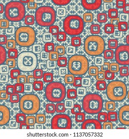 A seamless pattern consisting of smoothed squares with a hole that is located against the background of a space filled with wedge-shaped strokes that form rhombuses.