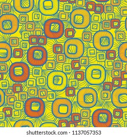 A seamless pattern consisting of smoothed squares with a hole, located on a texture background composed of angular elements with a three-sided symmetry.