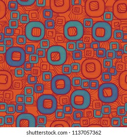 A seamless pattern consisting of smoothed squares with a hole, located on a texture background composed of angular elements with a three-sided symmetry.