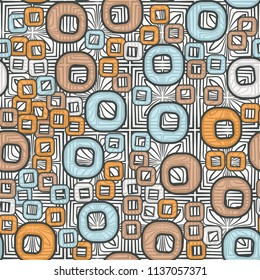 A seamless pattern consisting of smoothed squares with a hole, located on a texture background made up of squares and four petals.