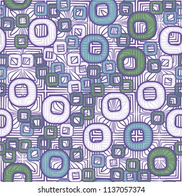 A seamless pattern consisting of smoothed squares with a hole, located on a texture background made up of squares and four petals.