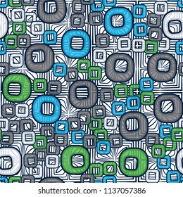 A seamless pattern consisting of smoothed squares with a hole, located on a texture background made up of squares and four petals.