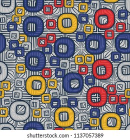 A seamless pattern consisting of smoothed squares with a hole, located on a texture background made up of squares and four petals.
