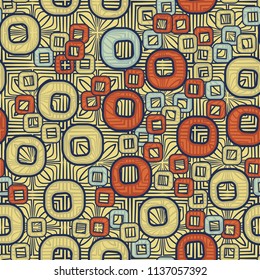 A seamless pattern consisting of smoothed squares with a hole, located on a texture background made up of squares and four petals.