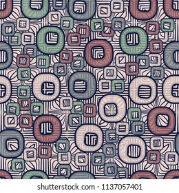 A seamless pattern consisting of smoothed squares with a hole, located on a texture background made up of squares and four petals.