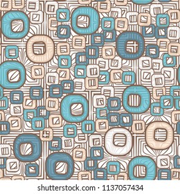A seamless pattern consisting of smoothed squares with a hole, located on a texture background made up of squares and four petals.