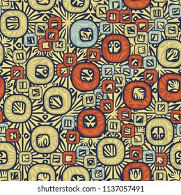 A seamless pattern consisting of smoothed squares with a hole, located on a texture background composed of colors inscribed in a square.
