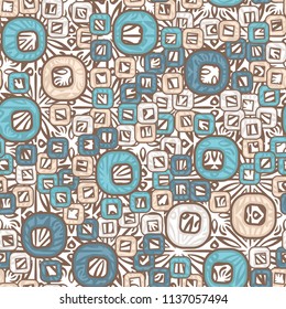 A seamless pattern consisting of smoothed squares with a hole, located on a texture background composed of colors inscribed in a square.