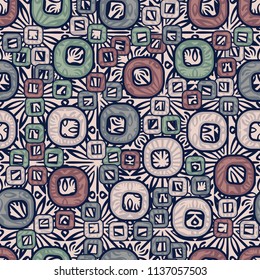 A seamless pattern consisting of smoothed squares with a hole, located on a texture background composed of colors inscribed in a square.