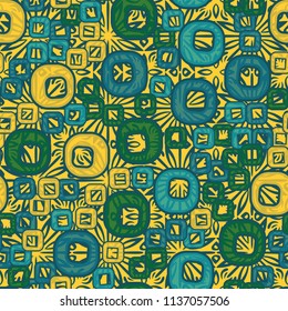 A seamless pattern consisting of smoothed squares with a hole, located on a texture background composed of colors inscribed in a square.
