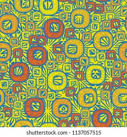 A seamless pattern consisting of smoothed squares with a hole, located on a texture background composed of colors inscribed in a square.