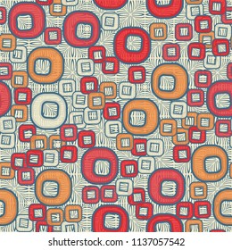 A seamless pattern consisting of smoothed squares with a hole, located on a texture background made up of square shaped elements depicted by curved lines.