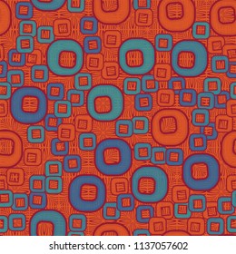 A seamless pattern consisting of smoothed squares with a hole, located on a texture background made up of square shaped elements depicted by curved lines.