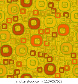 A seamless pattern consisting of smoothed squares with a hole, located on a texture background made up of square shaped elements depicted by curved lines.