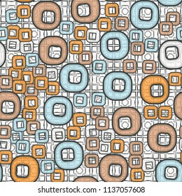 A seamless pattern consisting of smoothed squares with a hole, located on a texture background made up of cross-shaped and rectangular elements.