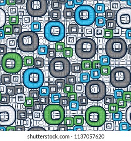 A seamless pattern consisting of smoothed squares with a hole, located on a texture background made up of cross-shaped and rectangular elements.