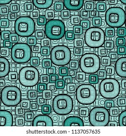 A seamless pattern consisting of smoothed squares with a hole, located on a texture background made up of cross-shaped and rectangular elements.