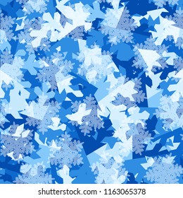 A seamless pattern consisting of snow shards in the background. In the foreground, transparent shaggy snowflakes.