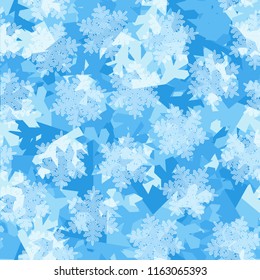 A seamless pattern consisting of snow shards in the background. In the foreground, transparent shaggy snowflakes.