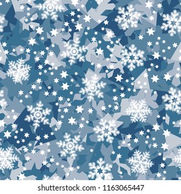A seamless pattern consisting of snow shards in the background. In the foreground snowflakes are surrounded by six-pointed stars.
