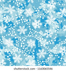 A seamless pattern consisting of snow shards in the background. In the foreground snowflakes are surrounded by white snow flakes.