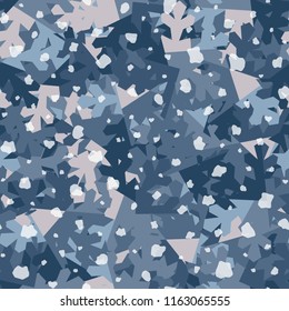 A seamless pattern consisting of snow shards in the background. In the foreground there are white snow flakes.