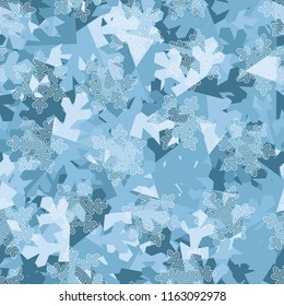 A seamless pattern consisting of snow shards in the background. In the foreground there are transparent snowflakes with soft outlines.