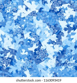 A seamless pattern consisting of snow shards in the background. In the foreground there are transparent snowflakes of different transparency.
