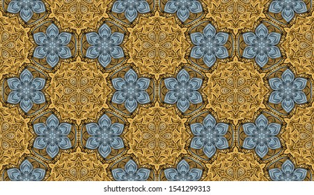 Seamless pattern consisting of snowflakes. Gold and ice silver. Cellular order. Yellow and blue shades.
