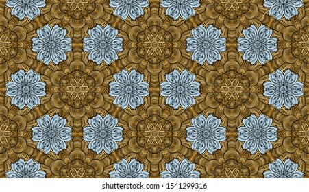 Seamless pattern consisting of snowflakes. Gold and ice silver. Cellular order. Yellow and blue shades.