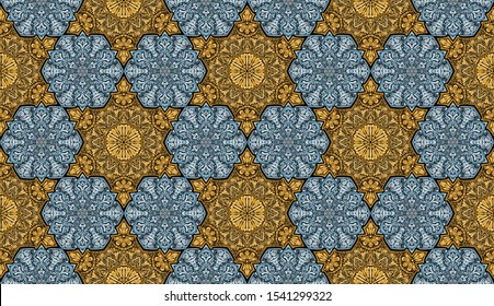 Seamless pattern consisting of snowflakes. Gold and ice silver. Cellular order. Yellow and blue shades.
