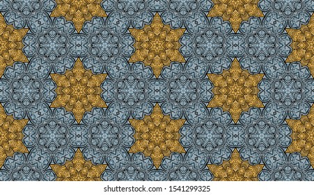 Seamless pattern consisting of snowflakes. Gold and ice silver. Cellular order. Yellow and blue shades.