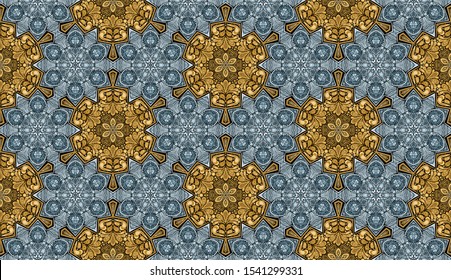 Seamless pattern consisting of snowflakes. Gold and ice silver. Cellular order. Yellow and blue shades.
