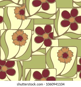 A seamless pattern consisting of squares broken into multi-colored fragments with the formation of flowers. Chaotic location. For design work.