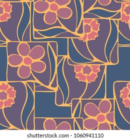 A seamless pattern consisting of squares broken into multi-colored fragments with the formation of flowers. Chaotic location. For design work.