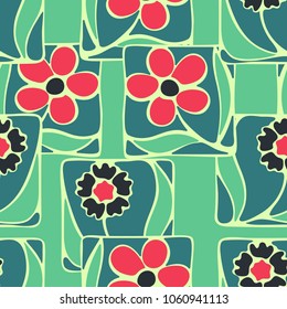 A seamless pattern consisting of squares broken into multi-colored fragments with the formation of flowers. Chaotic location. For design work.