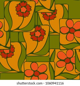 A seamless pattern consisting of squares broken into multi-colored fragments with the formation of flowers. Chaotic location. For design work.