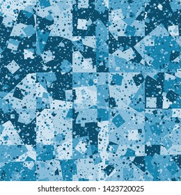 Seamless pattern consisting of squares and bubbles. Shades of blue. Ice colors.