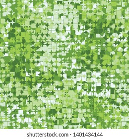 Seamless pattern consisting of squares with strokes and four-beam stars. Shades of green. Editable.