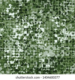 Seamless pattern consisting of squares with strokes and four-beam stars. Shades of green jungle. Editable.