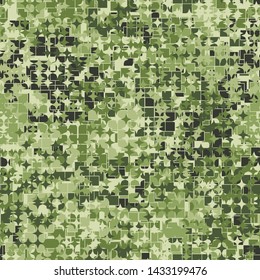 Seamless pattern consisting of squares with strokes and four-beam stars. Shades of green. Editable.