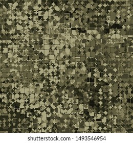 Seamless pattern consisting of squares with strokes and four-beam stars. Shades of green jungle. Editable.