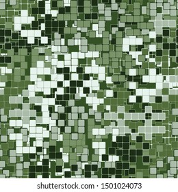 Seamless pattern consisting of squares with strokes and four-beam stars. Shades of green jungle. Editable.