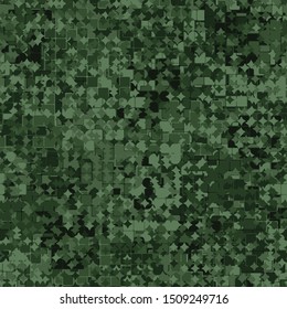 Seamless pattern consisting of squares with strokes and four-beam stars. Shades of green jungle. Editable.