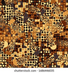 Seamless pattern consisting of squares with strokes and four-beam stars. Shades of green. Editable. Contains symbolic comets.