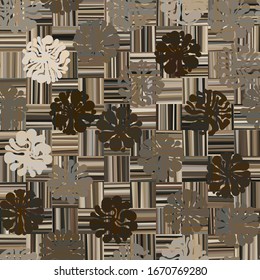 Seamless pattern consisting of striped squares resembling wooden tiles. Non repeating elements. Suitable for flooring. The first layer consists of round blots.