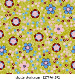 Seamless pattern consisting of symbolic five-petal flowers.
Background consisting of translucent sieves located randomly.