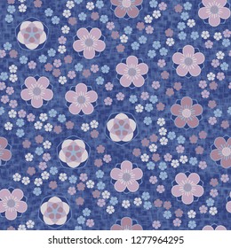 Seamless pattern consisting of symbolic five-petal flowers.
Background consisting of translucent sieves located randomly.