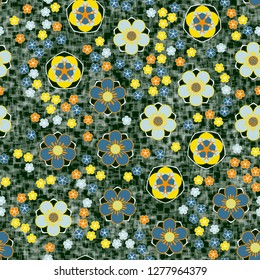 Seamless pattern consisting of symbolic five-petal flowers.
Background consisting of translucent sieves located randomly.